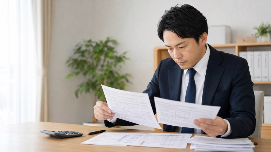 みなし譲渡について書類を確認するビジネスマン