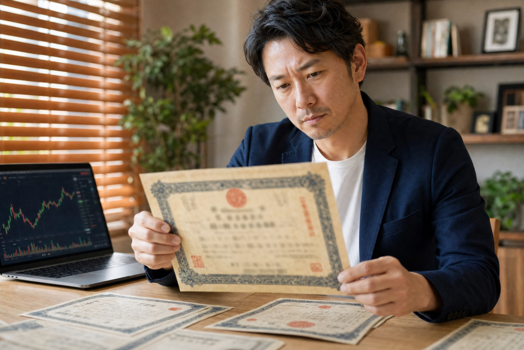 男性が古い株券を手に取り、パソコンで情報を確認している様子