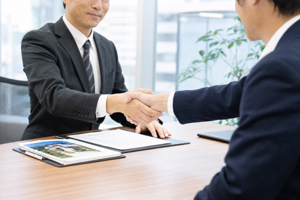 不動産書類を前に握手する2人のビジネスマン