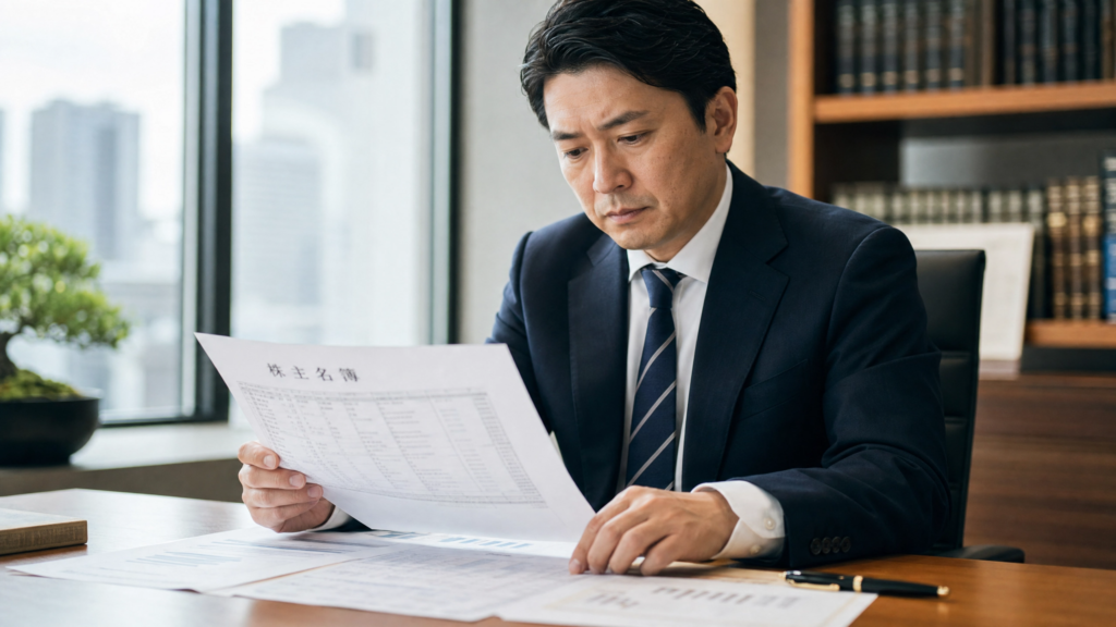 名義株について書類を確認するビジネスパーソン
